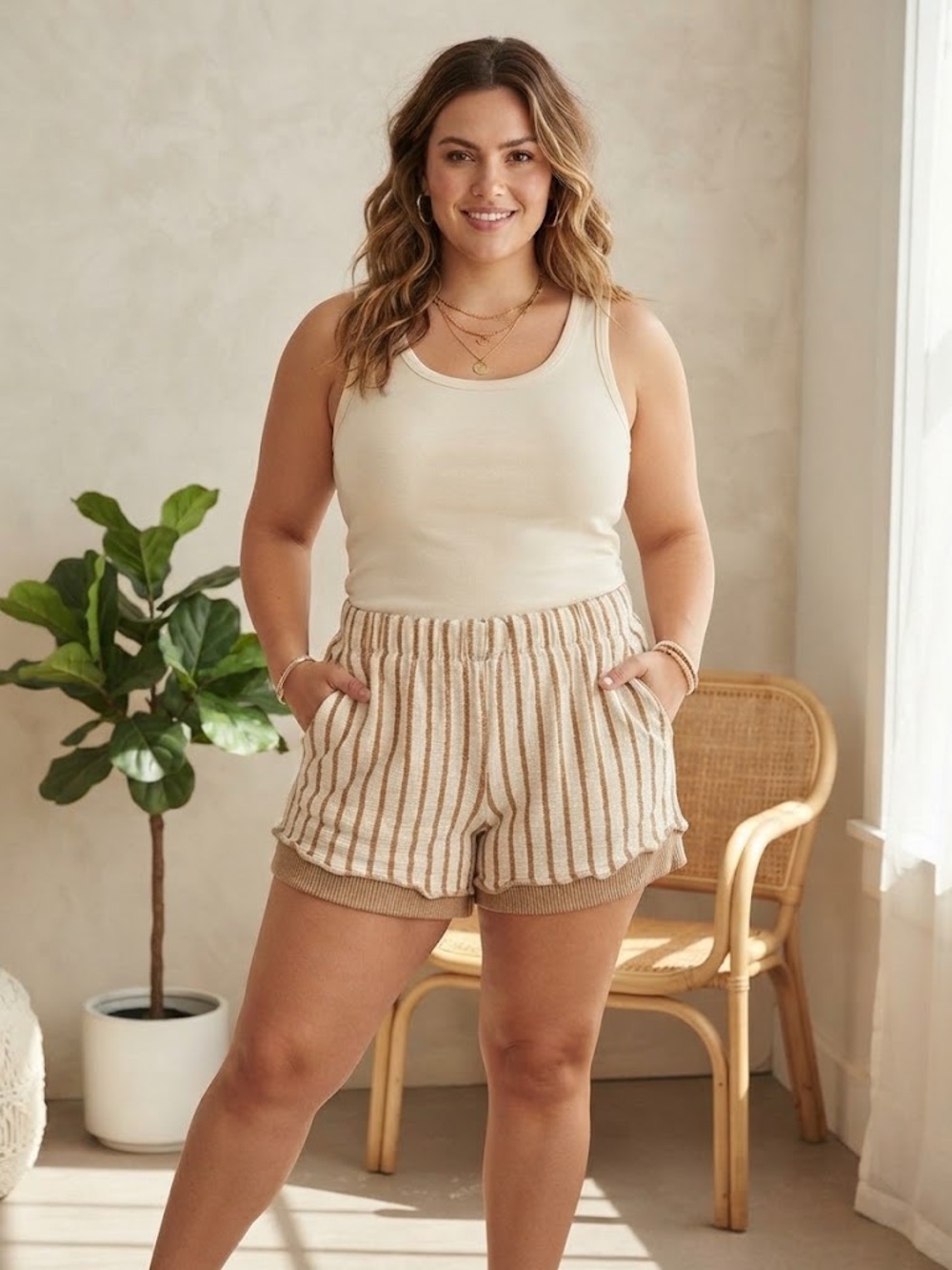 HEIMISH USA Cream & Tan Striped Knit Athletic Shorts